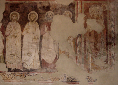 Chiesa di Corenno Plinio: affresco "il Vescovo e i 5 apostoli"